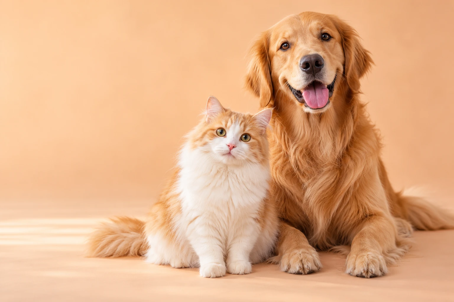 A golden retriever and a fluffy cat together in a warm pet-brand lifestyle illustration